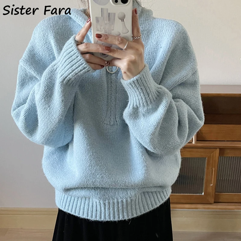 

Женский вязаный свитер с капюшоном Sister Fara, однотонный Свободный Повседневный толстый теплый пуловер на молнии, Осень-зима 2022