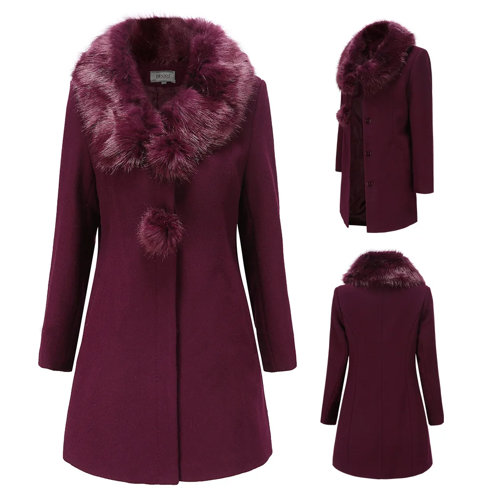 

TRODEAM 2021 New Autumn Winter Woolen Cashmere Coats With Big Faux Fur Collar Thick Warm Winter Overcoats Female Medium Length