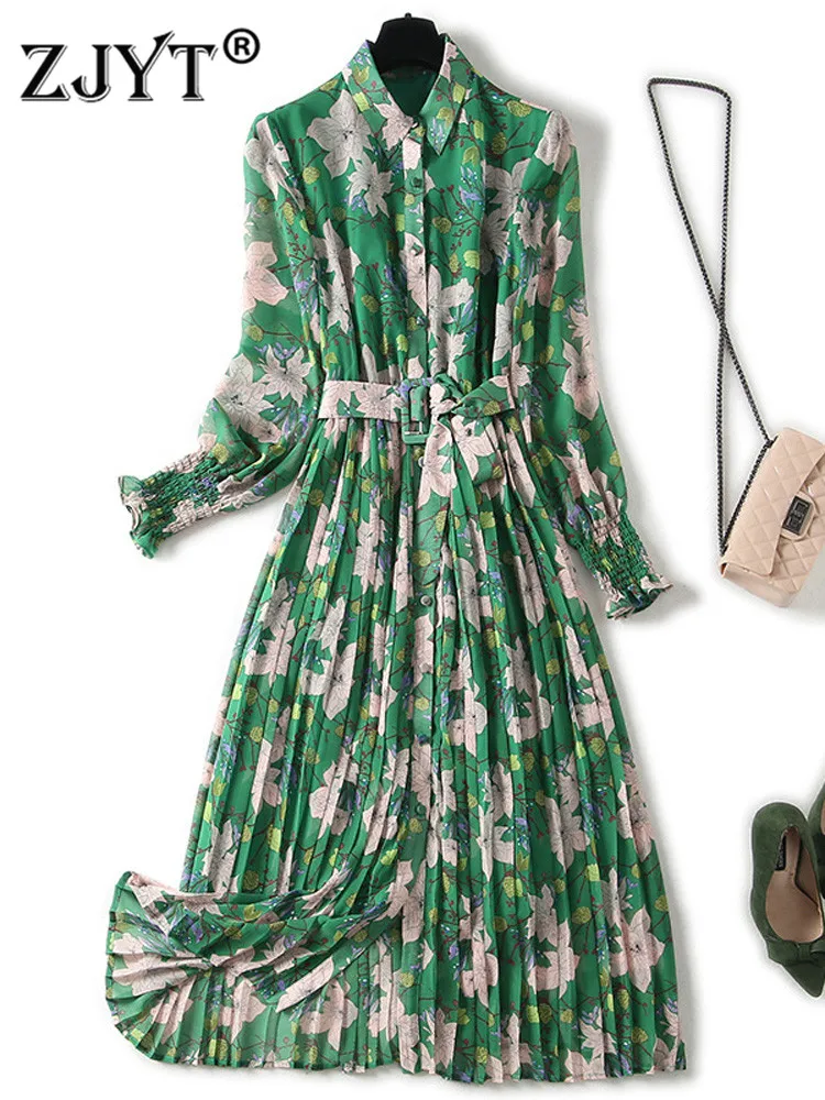

2022 New Spring Elegant Women's Long Sleeve Single Breasted Midi Pleated Chiffon Dress Green Printing Sashes Holiday Vestidos