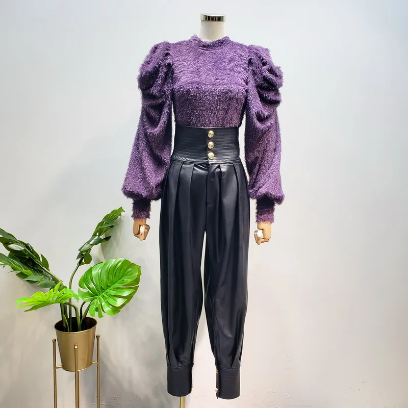 Женские шаровары из искусственной кожи с пуговицами свободные брюки высокой