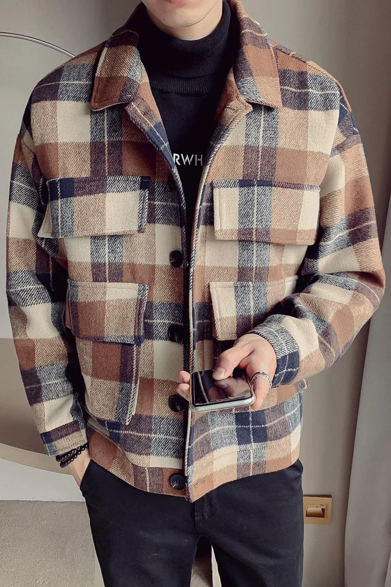 

2021 New autumn and winter men's Korean version of the woolen plaid jacket popular casual clothes Hong Kong style trend jacket