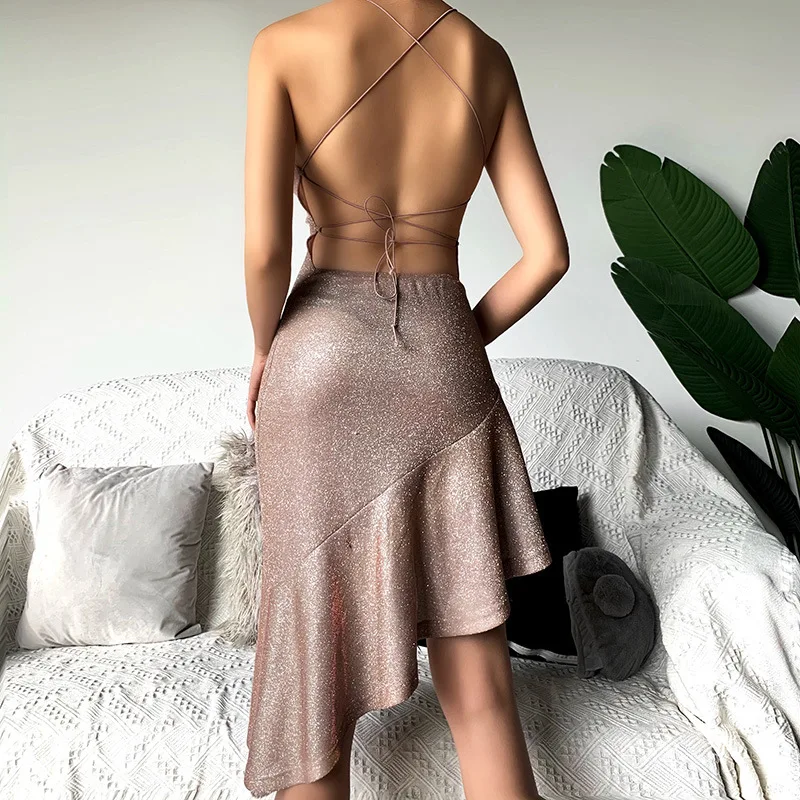 

2021 Women Sexy Strap Dress Sequined Off Shoulder Backless Dresses Shiny Club Outfits for Female Party Y2K Elegant Skirt