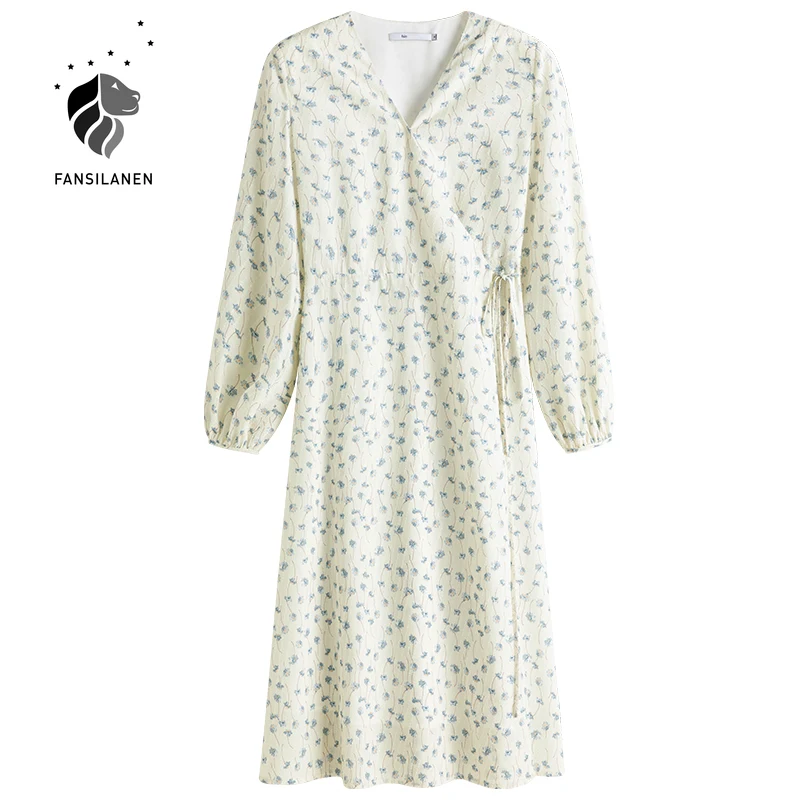 

FANSILANEN Elegant floral print long wrap dress Women v neck long sleeve spring summer dress Beach slimming maxi dress female