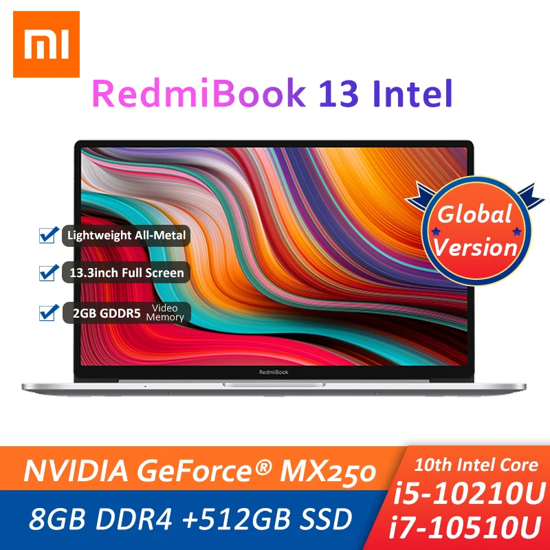 Ноутбук Xiaomi RedmiBook 13 ультратонкий ноутбук с процессором Intel Core i7-10510U/i5-10210U GeForce MX250 8