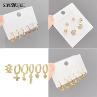sipengjel 6 pcs set fashion geometric round circle huggie earrings set gold color flower hoop earrings for women jewelry gift