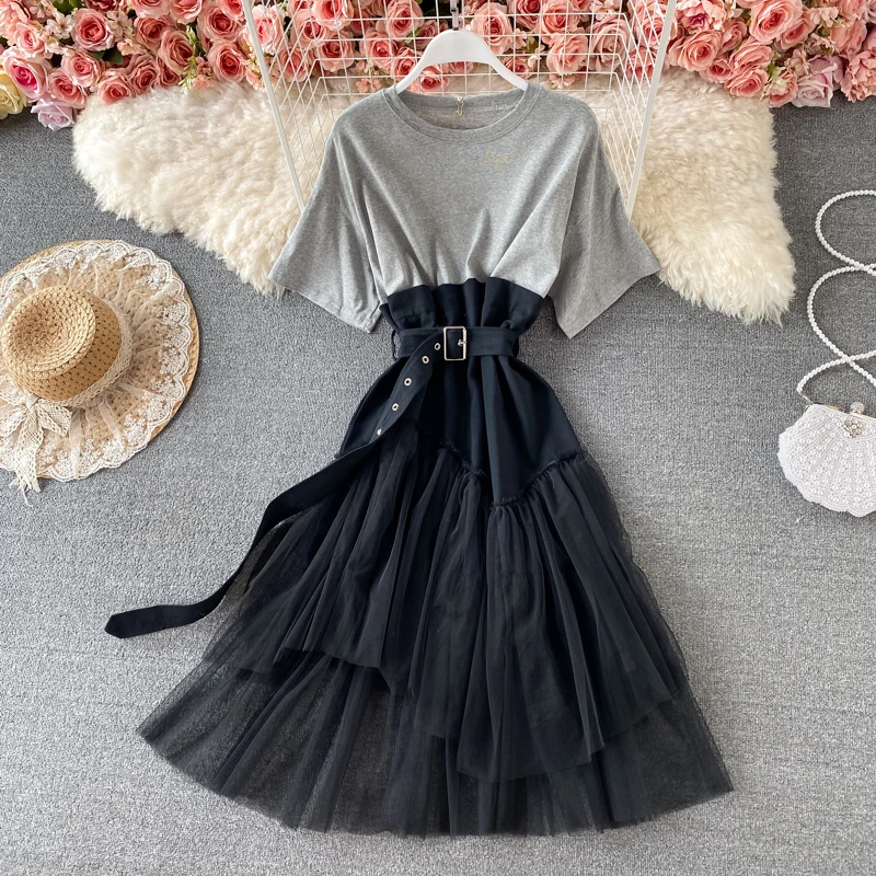 

YIZZHOY New Summer Women Vintage O-neck Lace Patchwork Midi Dress Elegant Casual Female Mesh Beach Dress A-line Dress with Belt