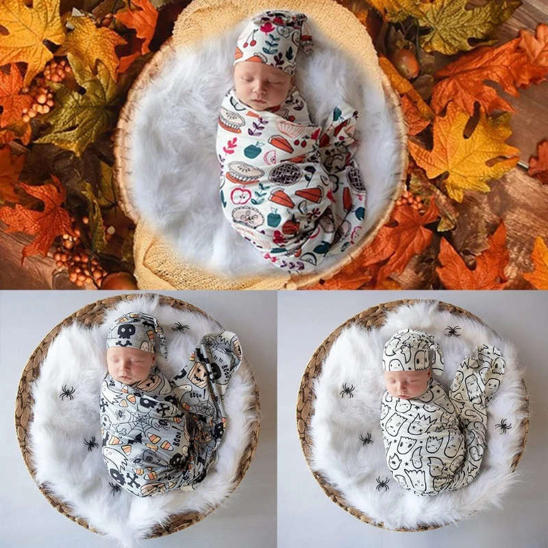 2 Pcs Newborn Printing Receiving Blanket+Beanie Hat Set Baby Infants Swaddle Wrap Knotted Bonnet Cap Kit Shower Gifts | Мать и ребенок