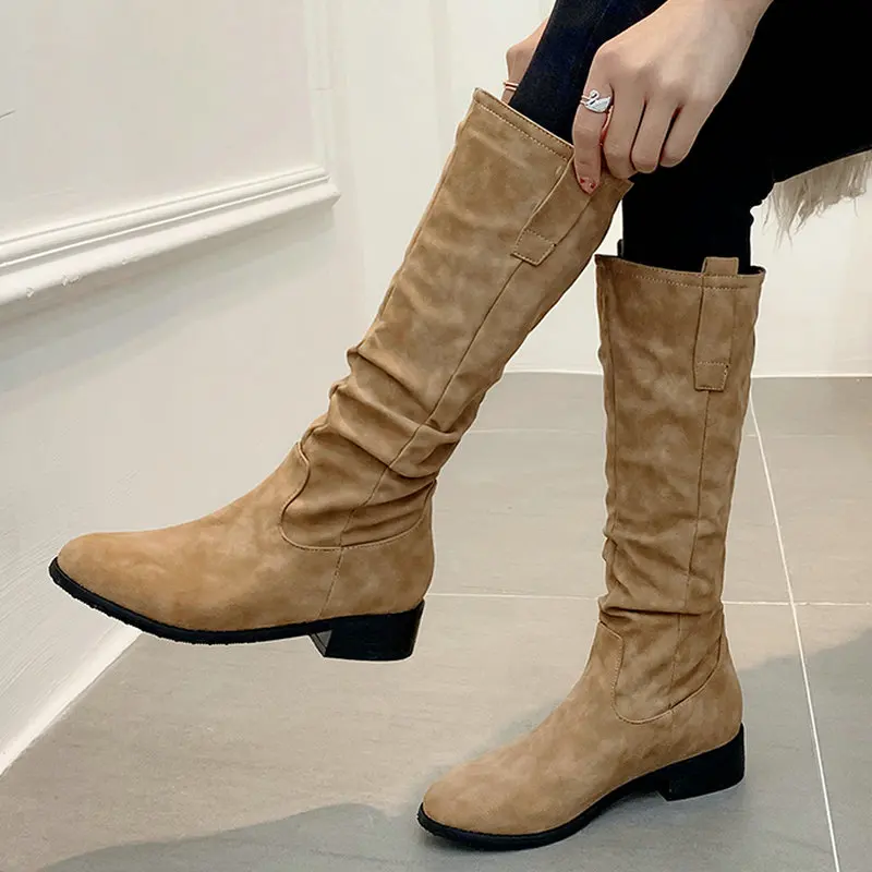 

Plus Size 34-43 Mid-calf Boots Outdoor Shoes Women Fashion Pleated Boots Female Street Style Autumn Winter Suede knight Boots
