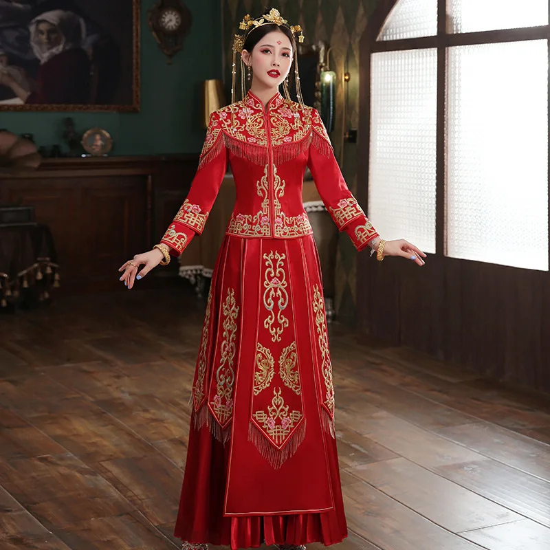 

Oriental Bride Wedding Dress Chinese Style Marriage Set High Quality Embroidery Marriage Costume Novelty Toast Clothing