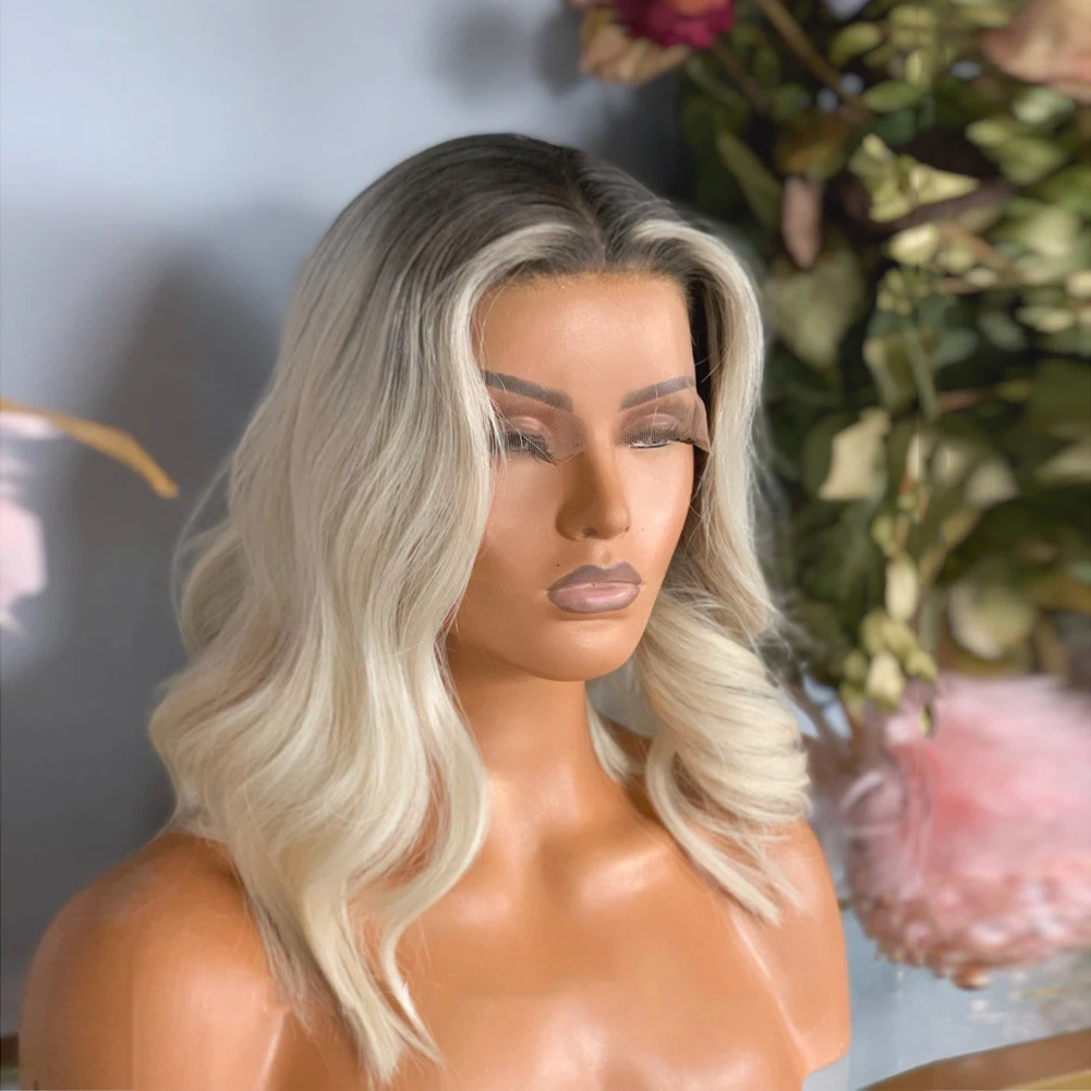 Platinum Blonde Human Hair Lace Front Wig Short Bob Wavy Wigs Highlight Black Roots Ombre Lace Front Wig 13x1 Remy Hair 150%