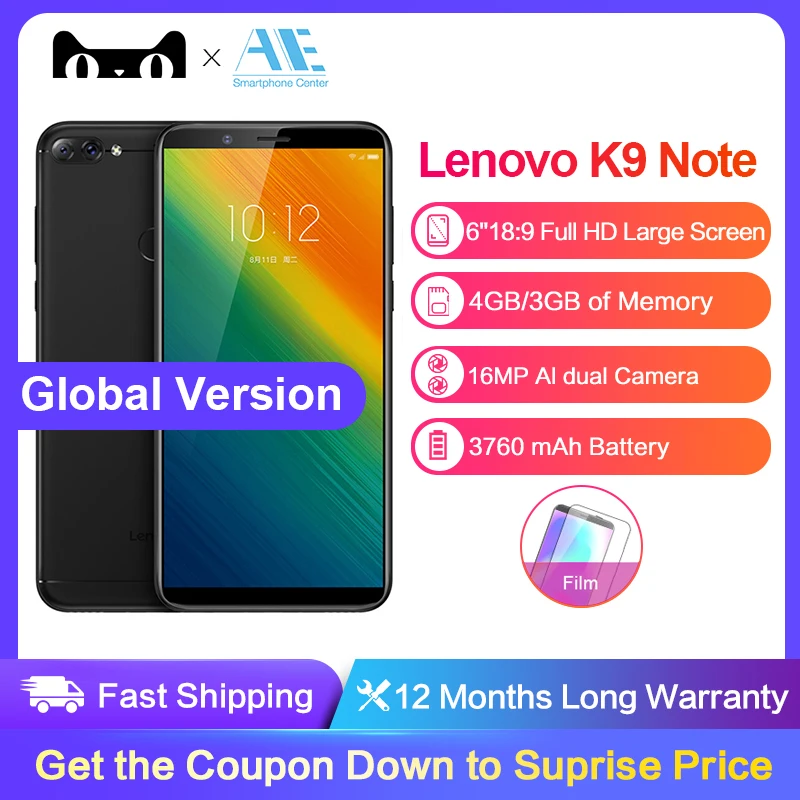 Мобильный телефон lenovo K9 Note 6 дюймов, 4 ГБ, 64 ГБ, 3760 мАч, с функцией распознавания лица, Android 8,1, задний, 16 Мп, 8 Мп, восьмиядерный смартфон