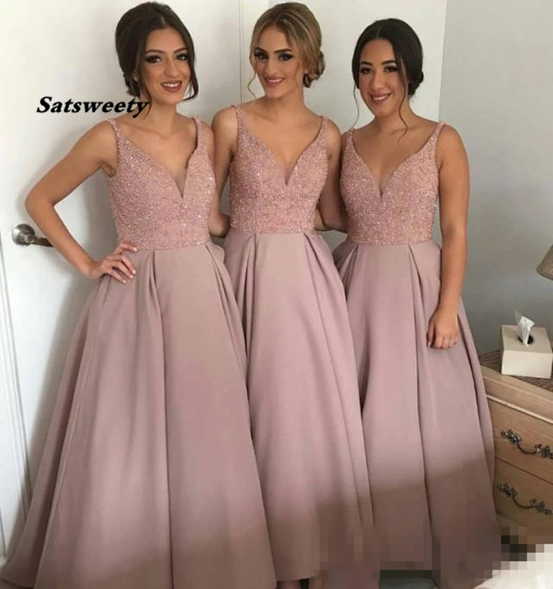 

Блестящие Розовые Платья для подружек невесты с V-образным вырезом без рукавов Длинные платья для подружек невесты