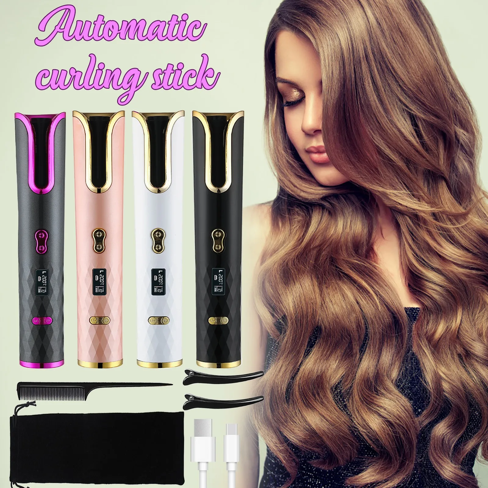 Automatic Hair Curler USB Rechargeable Curling Iron Curl Waves LCD Display Ceramic Curly Rotating Wave Styer |