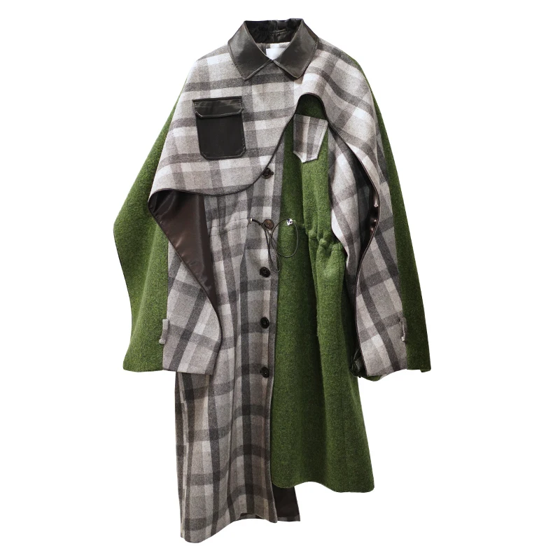 

TWOTWINSTYLE Casual Patchwork Plaid Cloak Coat For Women Lapel Long Sleeve Hit Color Coats Female Fashion New Clothing Autumn