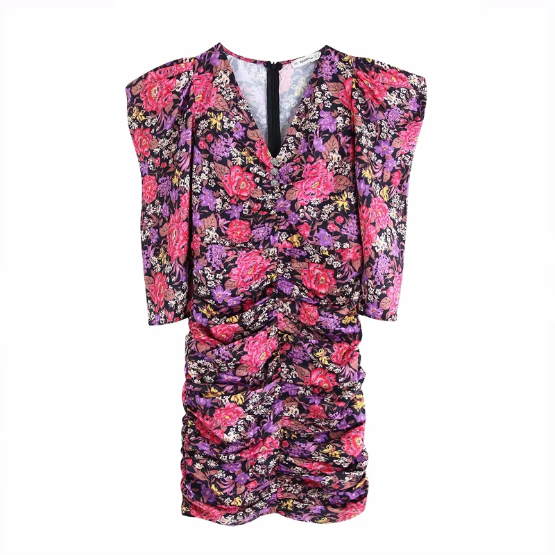 Осеннее платье с цветочным принтом и рюшами женское мини-сексуальное v-образным