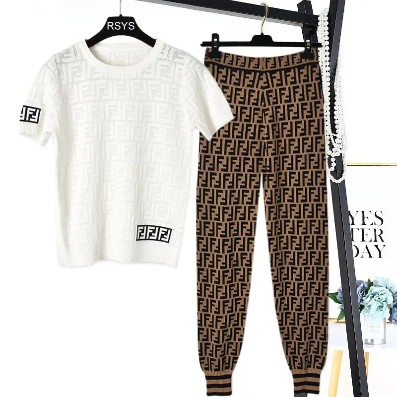 

2021 Summer Hollow Letter Jacquard Round Neck Knitted T-shirt Women's Short Sleeve Elastic Waist Leggings Two-piece Suit Single