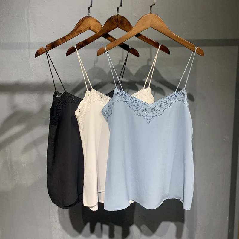 100% Silk Women Camis 2020 Autumn / Summer New Three-color Embroidery Sling Women Tank Top