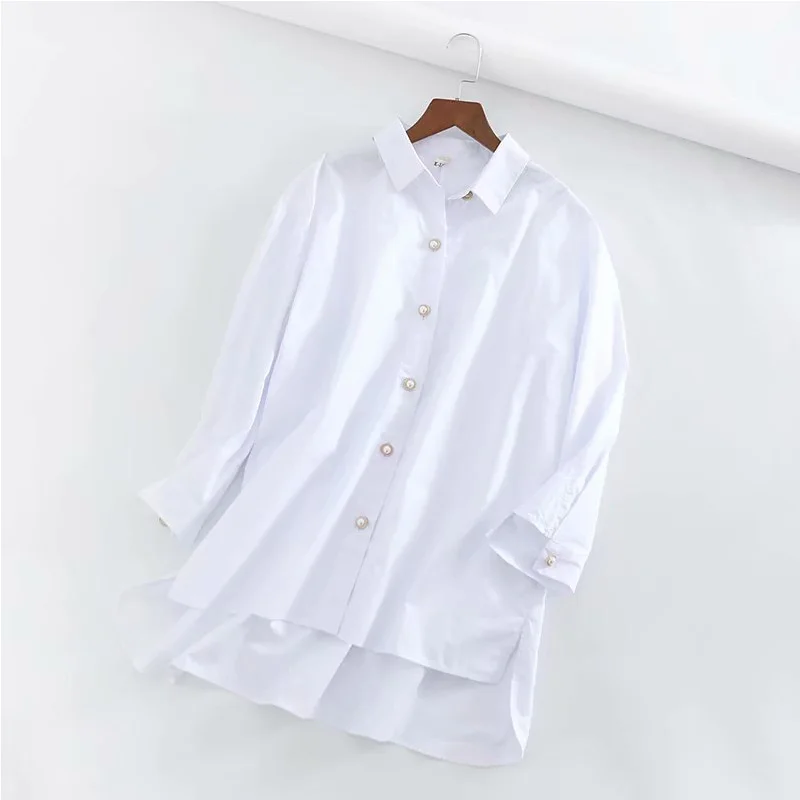 

EAYUCU Casual White Blouse Shirt Women 2020 Spring Turn Down Collar Loose Long Sleeve Pearls Ladies Tops Office Lady Blouse T539