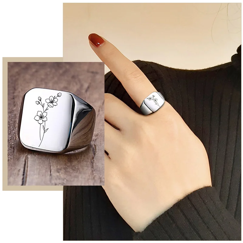 

Dainty Personalized Birth Flowers Signet Rings for Women Anti Allergy Stainless Steel Engraved Birthday Gifts for Her Jewelry