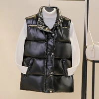 womens shiny autumn winter puffer vest solid stand collar zipper ladies casual sleeveless jacket waistcoat for female