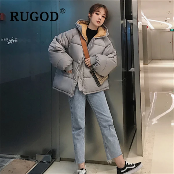 Серый RUGOD Korean solid cotton women coat Fashion Plus Size Down Jacket Auturm winter Thicken Warm Cotton outwear parka overcoat - Цвет: Серый