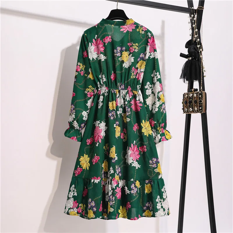 

Women Casual Lady Korean Style Vintage Floral Printed Chiffon Shirt Long Dresses Sleeve Bow Midi Summer Dress Vestido Robe Femme