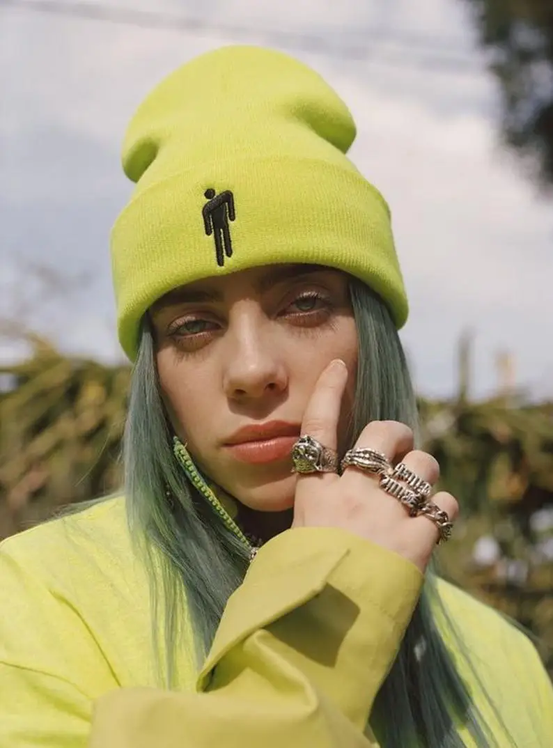Billie Eilish зимние Для женщин шляпа 17 цвета вязаная зимняя шапка одноцветная в стиле «хип-хоп» вязаная шапка теплая Для женщин вязаная шапка Прямая