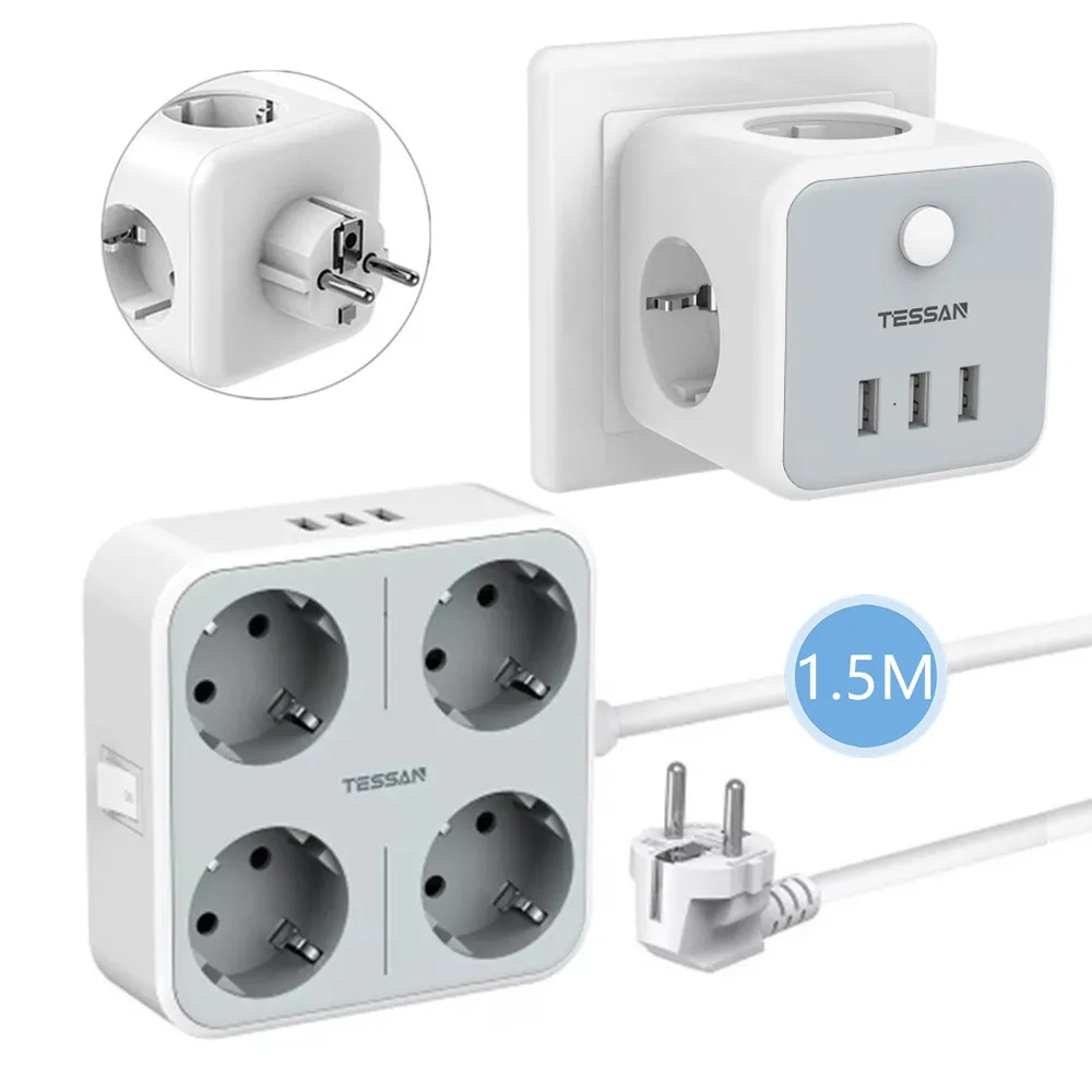 

TESSAN EU Electrical Plug Power Strip With 4 Outlets 3 USB Ports Overload Protection On/Off Switch 1.5m Extension Cable Length