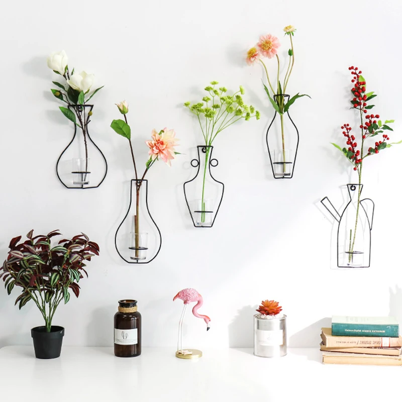 

Настенная ваза из кованого железа, стеклянная ваза, европейские креативные домашний декор, ваза для цветов, комнатное настенное украшение, ...