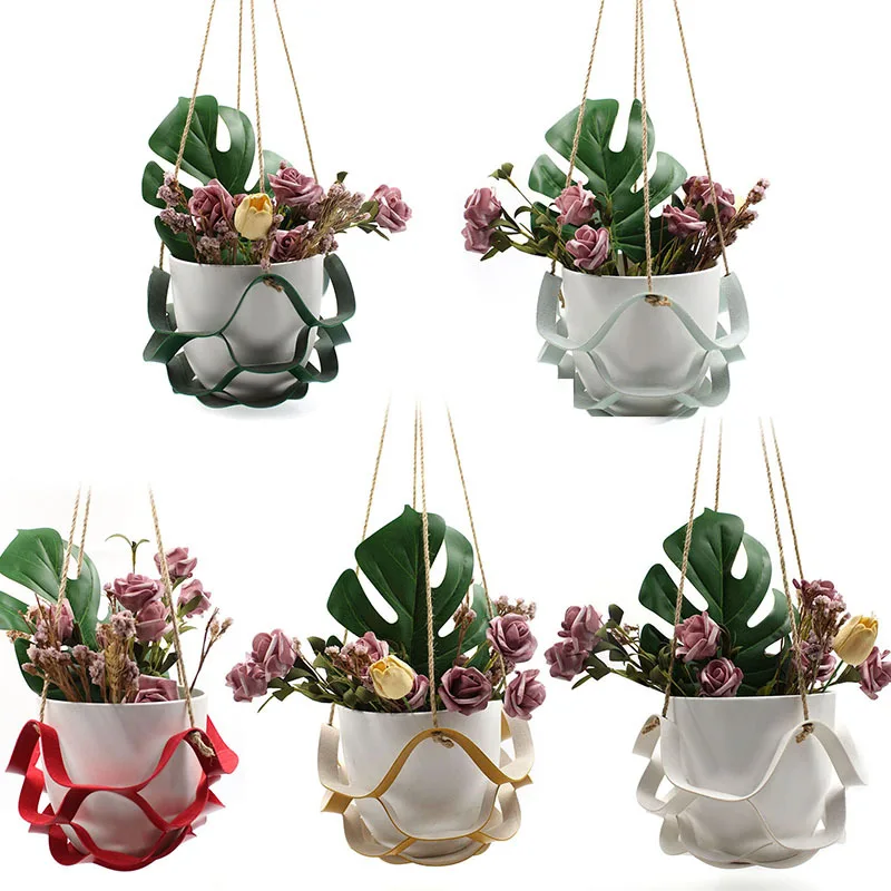 Hanging potted hanging basket, leather flower pot, net bag hanging basket, indoor green plants and flowers, gardening decoration