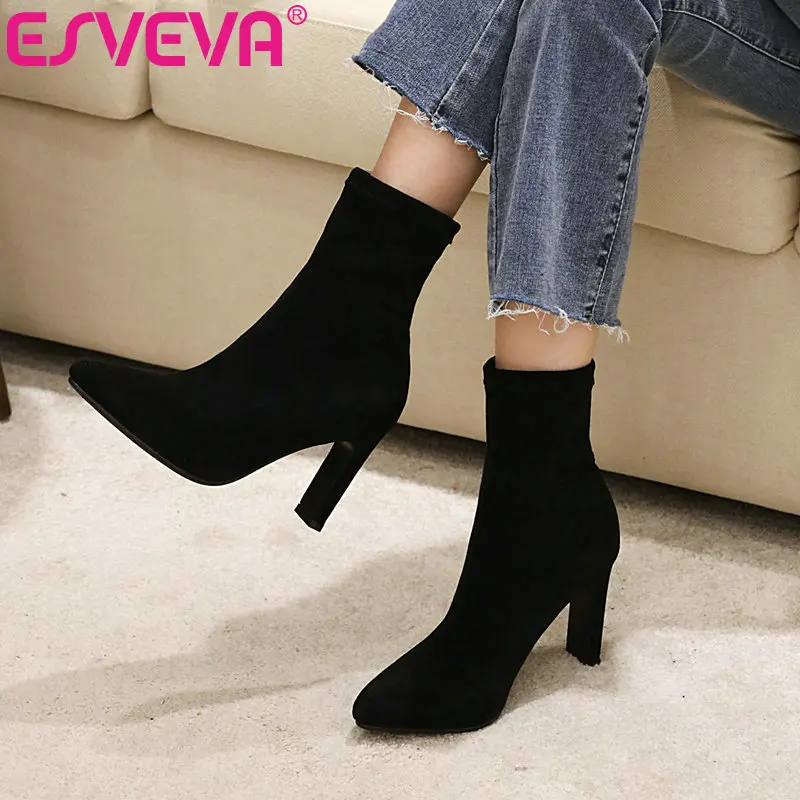 

ESVEVA 2021 Pointed Toe Square High Heel PU+Flock Ankle Boots Women Boots Shoes Western Style Black Boots Size 34-43