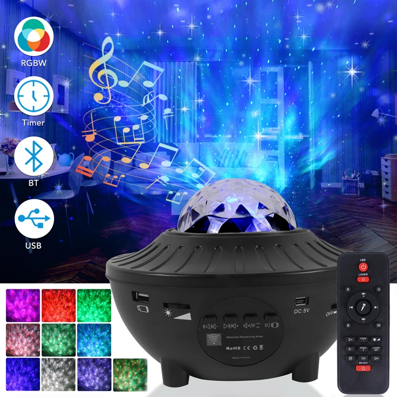 Светодиодный ночсветильник-проектор с USB, музыка, звездная водяная волна, Bluetooth-проектор, проектор с активацией звуком, световой Декор