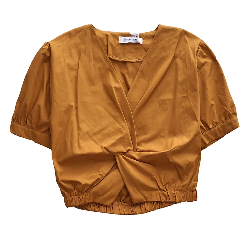 

Укороченная ретро-рубашка с V-образным вырезом и рукавами-фонариками, эластичная талия