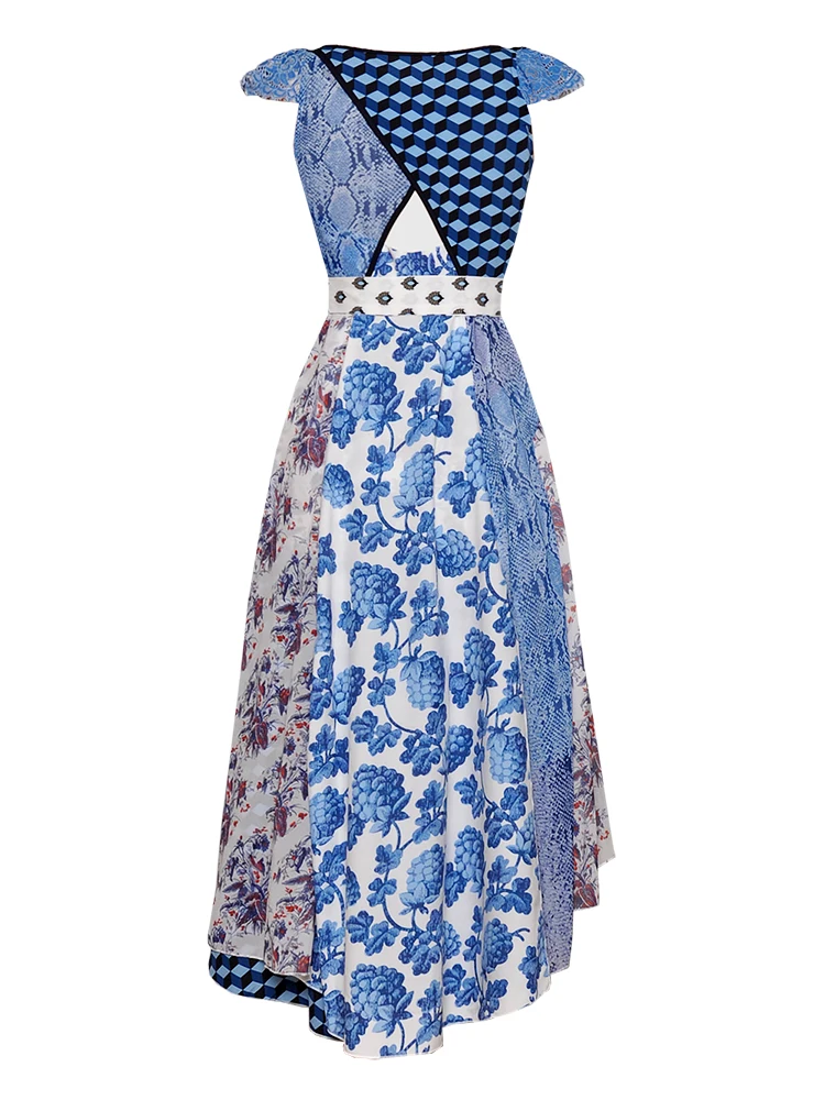 VERDEJULIAY Runway Summer Dress Women Luxury New Fashion Patchwork Dot Flower Print V-Neck Irregular Sexy Dress Vestidos