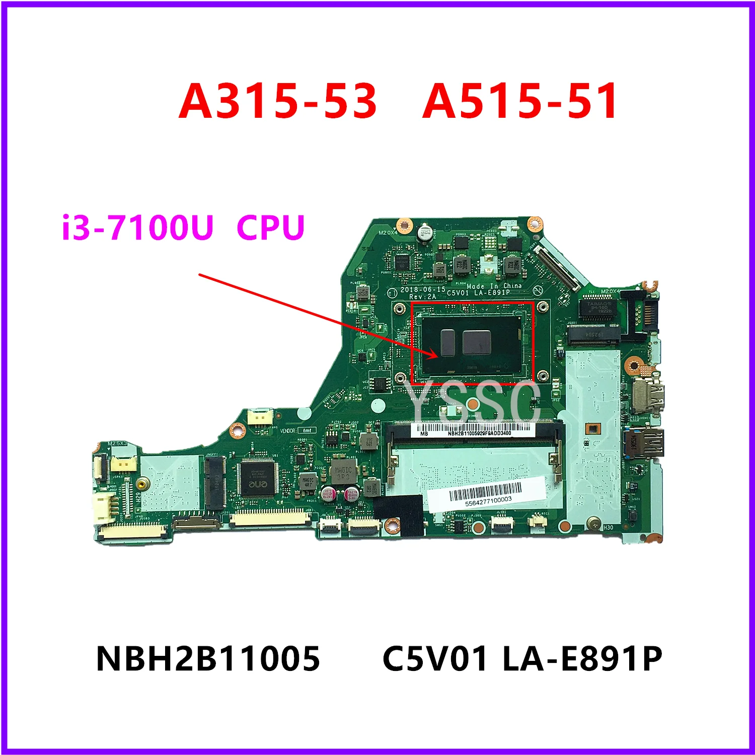 Новинка материнская плата C5V01 для ноутбука Acer Aspire LA-E891P A315-53 A515-51 NBH2B11005 с