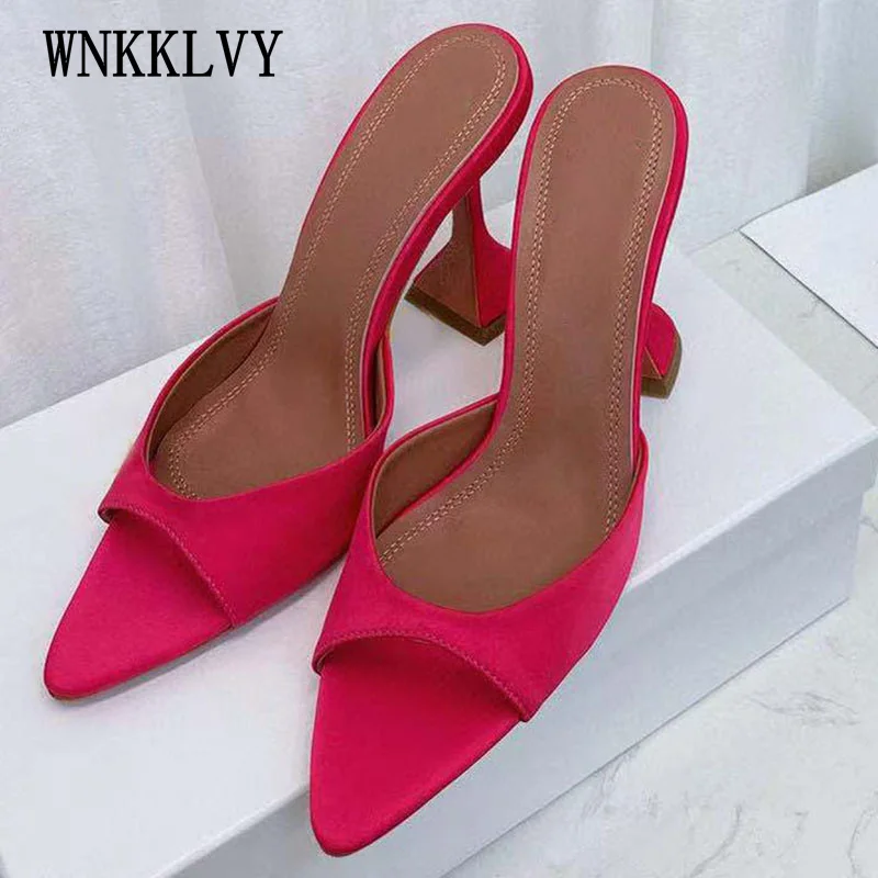 

Summer high heel slippers women external wear patent leather pointed toe peep toe sandals sexy party dress shoes pumps 2021
