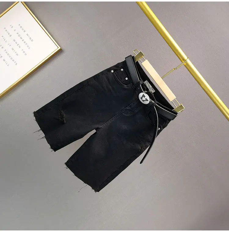 

Black Ripped Denim Shorts Women's Shorts 2021 Summer New Cotton Elastic High Waist Slim Jeans Female Straight Middle Pants