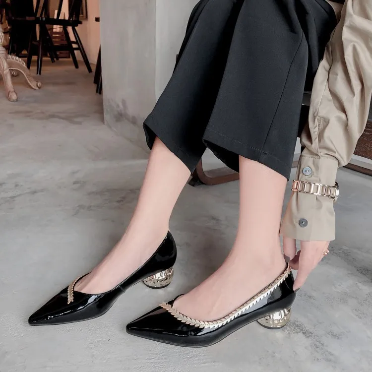 

thick heel pointed shallow mouth elegant lace single 2020 genuine leather personalized metal shoes women