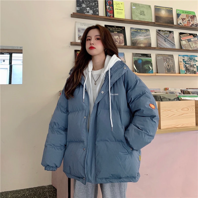 Winter Thick Women Wadded Jackets Korean Style Loose Hooded Cotton Jackets 2021 New Long Sleeve Fashion Oversize  Fake-Two Coat