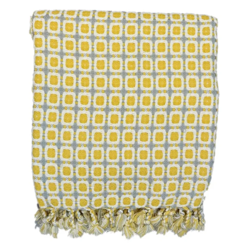 Желтое вязаное одеяло в клетку декоративное мягкое покрывало для дивана