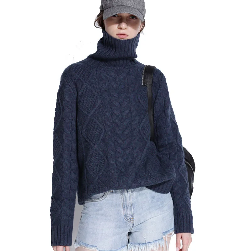 

Turtle-Neck Sweater Women's Cable Cashmere Sweater Pullover Knitted Versatile Long-Sleeve Base Cashmere Sweater Thick Loose-Fit
