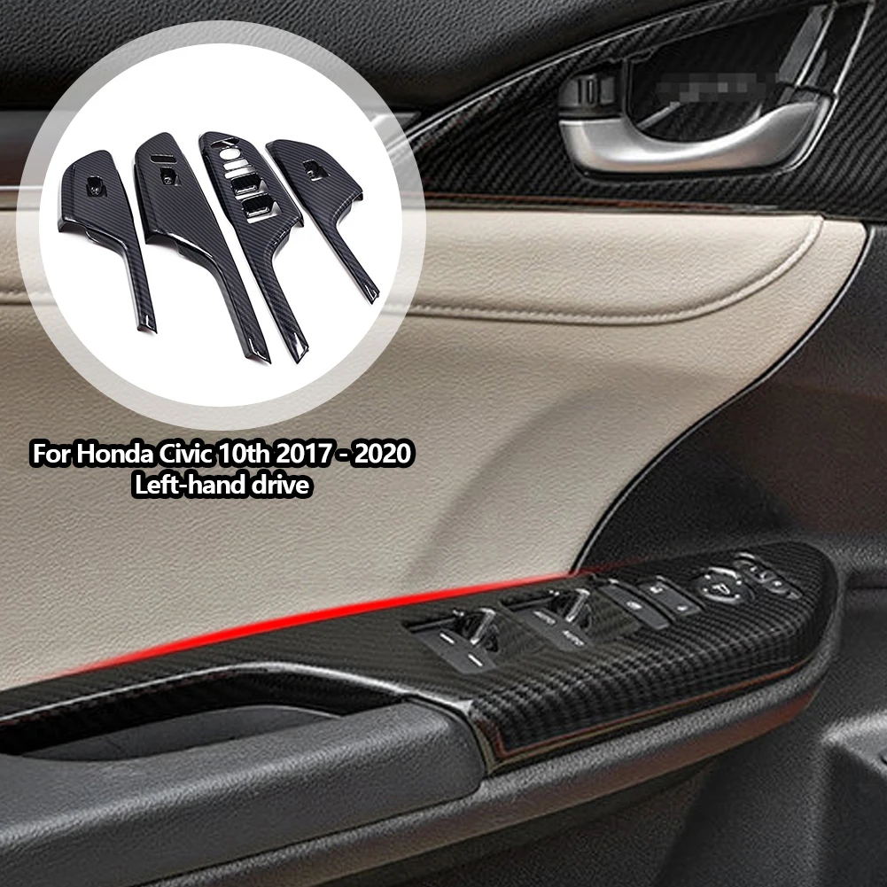 4pcs Carbon Fiber Car Door Window Switch Cover Black For Honda Civic 10th Gen 2016 2017 Door Armrest Window Lift Panel Cover