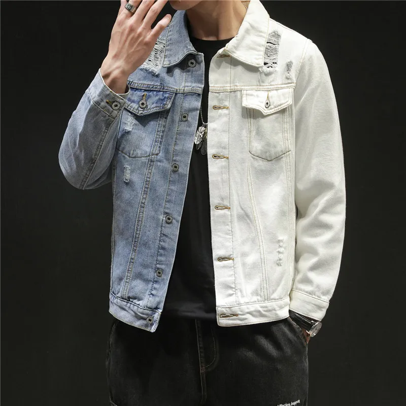 

2020 New Men's Patchwork Slim Denim Jacket Fashion Hip-hop Blue White Male Solid Color Cotton Casual Denim Jacket Large Size 5XL