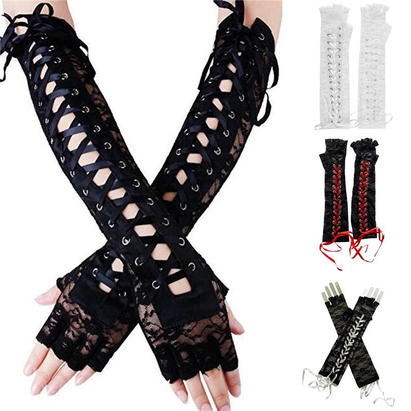 

Сексуальные кружевные длинные перчатки, зимние перчатки длиной до локтя с полупальцами, сетчатые праздвечерние чные перчатки с лентой, 2021