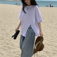 t shirts women summer solid slit trendy bf loose soft students streetwear top sweet leisure aesthetic college clothing 2021 new