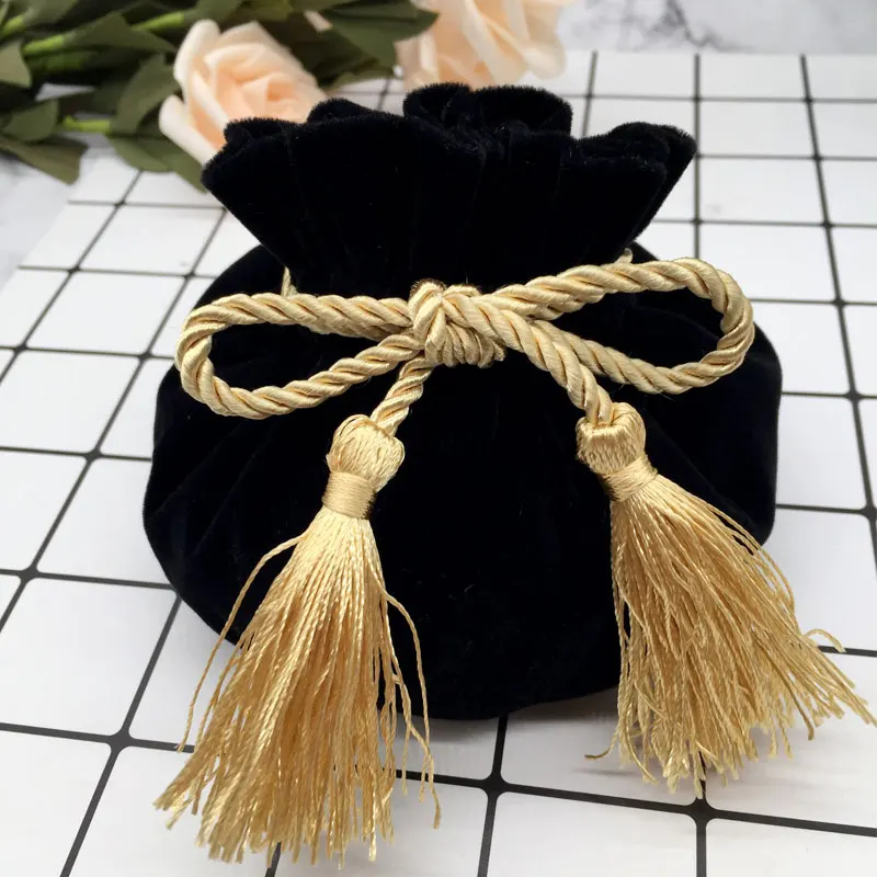Black Gold Бархатная сумка с круглым дном и кисточкой, 12x17 см, винно-красная упаковка с завязкой, мешочек для ювелирных изделий, подарочная упаковка, сумка для свадьбы - Цвет: Black Gold