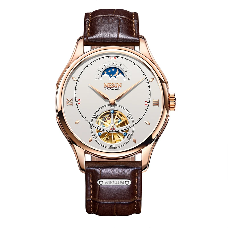 NESUN оригинальный бренд полые Tourbillon модные повседневные часы Moon Phase бизнес