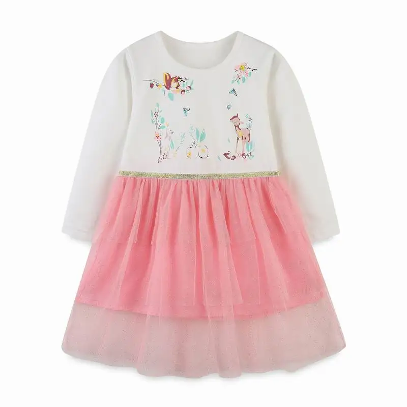 

Deers Animals Girls Mesh Dress for Children Tops Clothes Autumn Winter Kids Long Sleeve Dresses