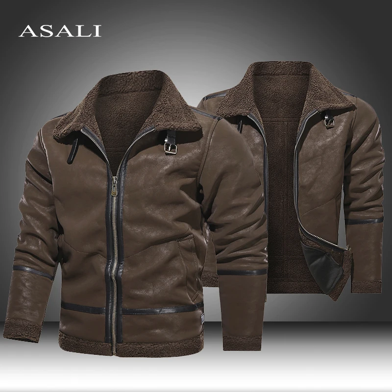 Куртка-бомбер мужская приталенная из овечьей кожи мотоциклетная бархатная