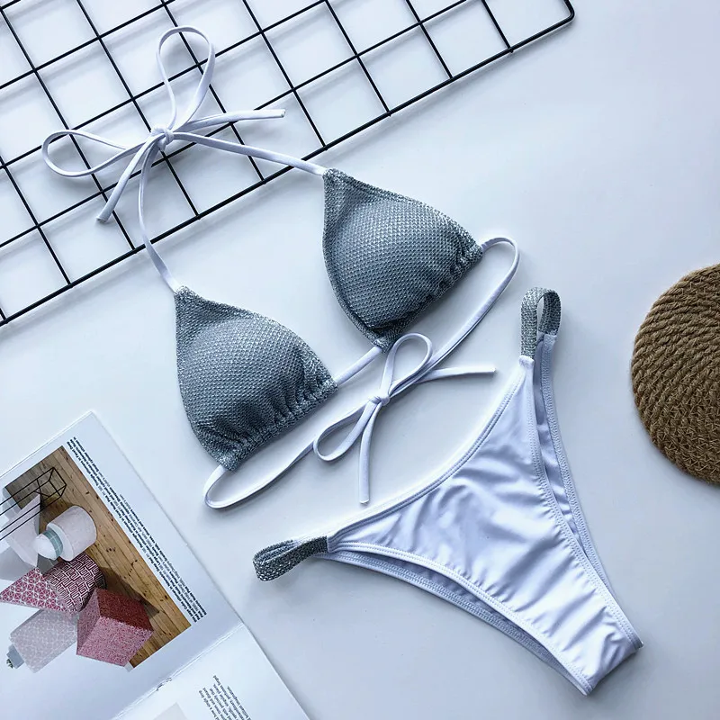 

Sexy Push Up Brazilian Bikini Set Bling Bling Triangle Bikinis Women Swimwear Strappy String Swimsuit Bathing Suit Biquini Women
